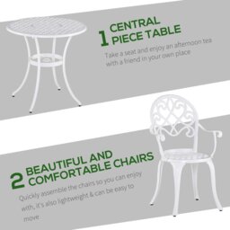 Rackhams 3PCs Garden Bistro Set Cast Aluminium Round Table with 2 Chairs White - Bronze Tone - thumbnail 4