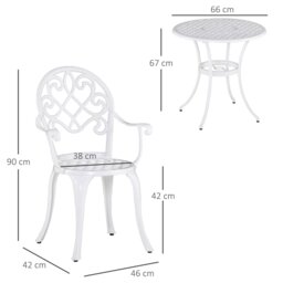 Rackhams 3PCs Garden Bistro Set Cast Aluminium Round Table with 2 Chairs White - Bronze Tone - thumbnail 6