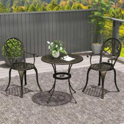 Rackhams 3PCs Garden Bistro Set Cast Aluminium Round Table with 2 Chairs White - Bronze Tone - thumbnail 1
