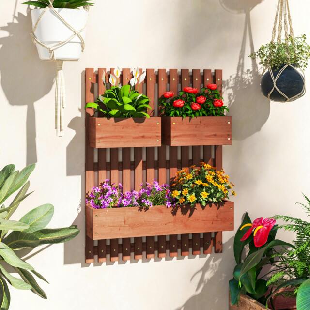 Rackhams Wooden Garden Planters with Trellis Wall-mounted Raised Garden Bed - Brown - Fir Wood - 60cm x 16cm x 80cm