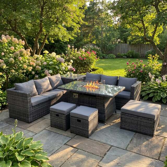 Rackhams 6 Seater Rattan Garden Furniture Dining Set with Fire Pit Table, Corner Sofa, Side Table, 3 Footstools - Dark Grey - image 1