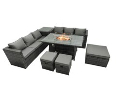 Rackhams 6 Seater Rattan Garden Furniture Dining Set with Fire Pit Table, Corner Sofa, Side Table, 3 Footstools - Dark Grey - thumbnail 2