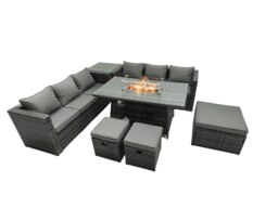 Rackhams 6 Seater Rattan Garden Furniture Dining Set with Fire Pit Table, Corner Sofa, Side Table, 3 Footstools - Dark Grey - thumbnail 3