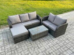 Rackhams 6 Seater Rattan Wicker Garden Furniture Patio Conservatory Sofa Set with Rectangular Coffee Table 3 Seater Sofa Love Sofa Big Footstool - thumbnail 1