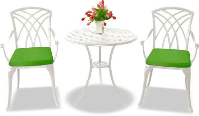 Rackhams OSHOWA Luxurious Garden and Patio Table and 2 Large Chairs with Armrests Cast Aluminium Bistro Set - White with Green Cushions - image 1