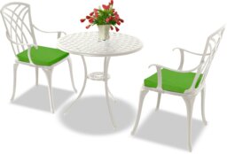 Rackhams OSHOWA Luxurious Garden and Patio Table and 2 Large Chairs with Armrests Cast Aluminium Bistro Set - White with Green Cushions - thumbnail 2