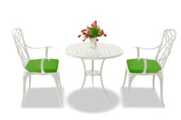 Rackhams OSHOWA Luxurious Garden and Patio Table and 2 Large Chairs with Armrests Cast Aluminium Bistro Set - White with Green Cushions - thumbnail 3