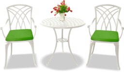 Rackhams OSHOWA Luxurious Garden and Patio Table and 2 Large Chairs with Armrests Cast Aluminium Bistro Set - White with Green Cushions - thumbnail 1