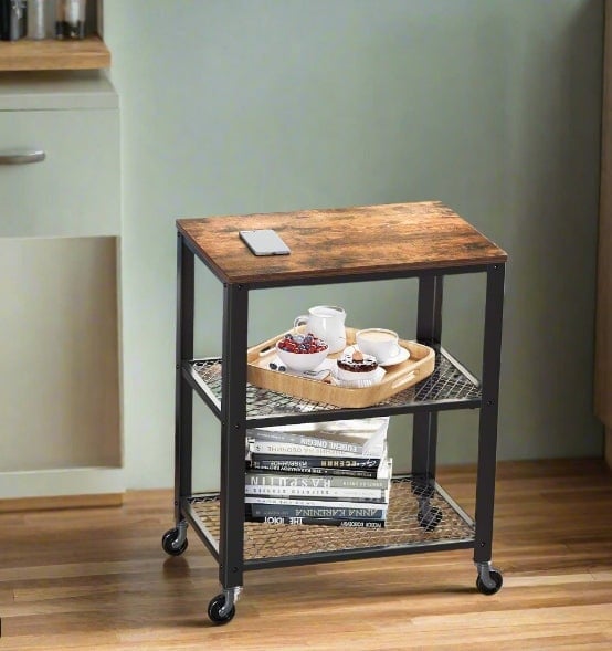 Rackhams Vintage 3-Tier Serving Trolley with Wheels, Rustic Rolling Kitchen Cart, Heavy Duty Storage Shelf - image 1