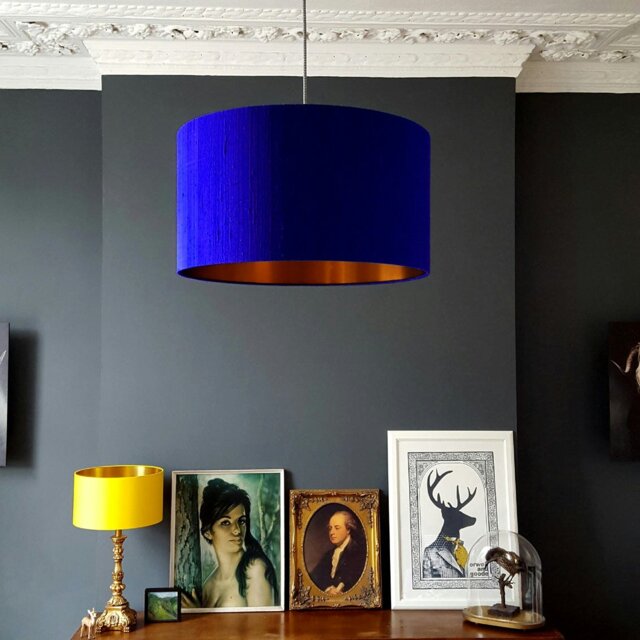 "Rackhams Electric Blue Silk Lampshade With Copper Foil Lining - 70cm Diameter x 20cm Height / (27"" x 8"")" - image 1