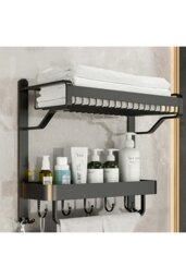 Rackhams 2-Tiers Corner Shower Caddy with Towel Rack Bathroom Storage Shelf - Grey - thumbnail 3