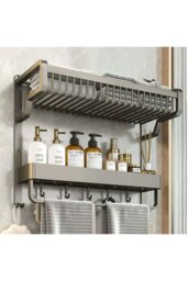 Rackhams 2-Tiers Corner Shower Caddy with Towel Rack Bathroom Storage Shelf - Grey - thumbnail 2