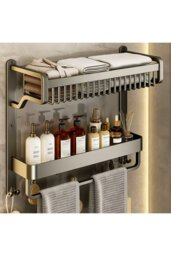 Rackhams 2-Tiers Corner Shower Caddy with Towel Rack Bathroom Storage Shelf - Grey