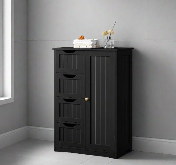 Rackhams Bathroom Floor Cabinet Wooden Freestanding Storage with 4 Drawers & 1 Door Adjustable Shelf – Black - image 1