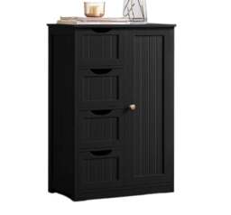 Rackhams Bathroom Floor Cabinet Wooden Freestanding Storage with 4 Drawers & 1 Door Adjustable Shelf – Black - thumbnail 4