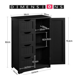 Rackhams Bathroom Floor Cabinet Wooden Freestanding Storage with 4 Drawers & 1 Door Adjustable Shelf – Black - thumbnail 3