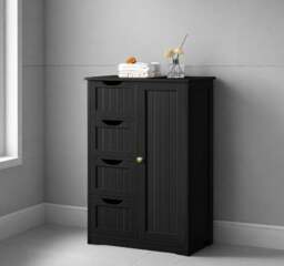 Rackhams Bathroom Floor Cabinet Wooden Freestanding Storage with 4 Drawers & 1 Door Adjustable Shelf – Black