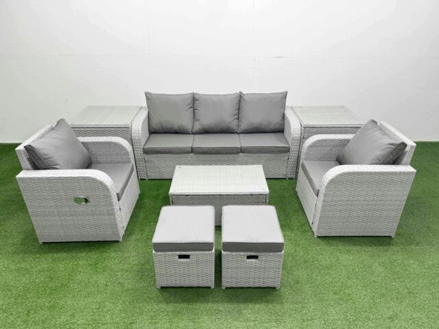 Rackhams PE Rattan Garden Furniture Set Reclining Chair Sofa Lounge Sofa Set Oblong Coffee Table 2 Side Table 2 Small Stools Light Grey - image 1