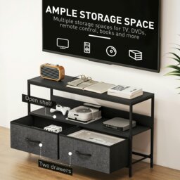 Rackhams TV Cabinet, TV Console Unit with 2 Foldable Linen Drawers Black - White, light grey - Embossed - 1 - thumbnail 5