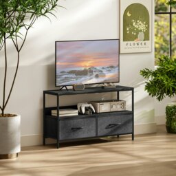 Rackhams TV Cabinet, TV Console Unit with 2 Foldable Linen Drawers Black - White, light grey - Embossed - 1 - thumbnail 3