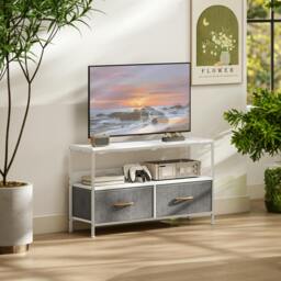 Rackhams TV Cabinet, TV Console Unit with 2 Foldable Linen Drawers Black - White, light grey - Embossed - 1 - thumbnail 1