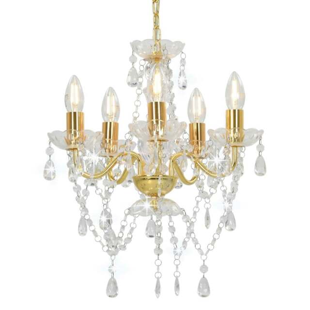 Rackhams Chandelier with Crystal Beads Golden Round 5 x E14