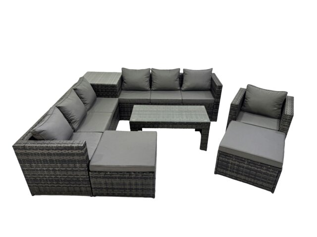Rackhams Garden Rattan Outdoor Furniture Set 9 Seater Patio Corner Sofa Oblong Coffee Table with Chair 2 Big Stool Side Table Dark Grey - image 1