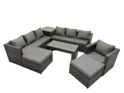 Rackhams Garden Rattan Outdoor Furniture Set 9 Seater Patio Corner Sofa Oblong Coffee Table with Chair 2 Big Stool Side Table Dark Grey - thumbnail 2