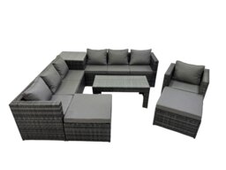 Rackhams Garden Rattan Outdoor Furniture Set 9 Seater Patio Corner Sofa Oblong Coffee Table with Chair 2 Big Stool Side Table Dark Grey - thumbnail 1