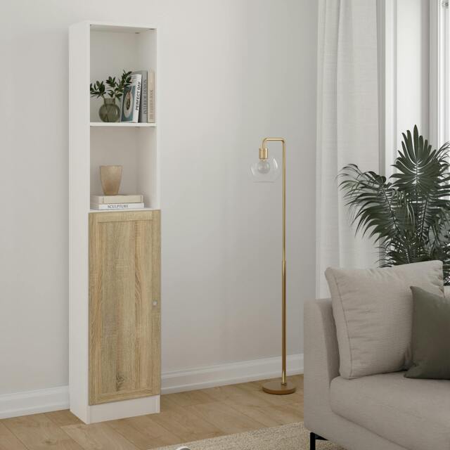 "Rackhams Basic Tall Narrow Combination Storage Bookcase in White (4 Shelves) with Glass Oak Door - Manufactured Wood - 1 - White & Oak " - image 1