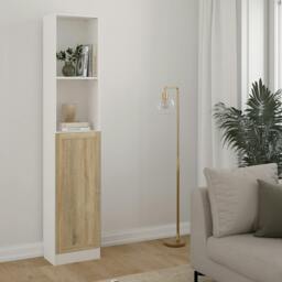 "Rackhams Basic Tall Narrow Combination Storage Bookcase in White (4 Shelves) with Glass Oak Door - Manufactured Wood - 1 - White & Oak " - thumbnail 1