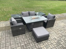 Rackhams Rattan Garden Furniture Set Outdoor Patio Gas Fire Pit Dining Table and Chairs with 2 Side Tables Love seat Sofa Footstool - thumbnail 2