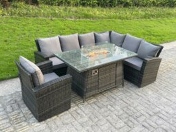 Rackhams High Back Rattan Corne r Sofa Set Garden Furniture Sofa Gas Fire Pit Dining Table Gas Heater Chair 7 Seater - thumbnail 2