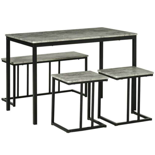 Rackhams Dining Table and Chairs Set for 4 People, Concrete Effect Kitchen Table and Bench Set with Steel Frame, 4 Piece Dining Room Sets, Grey - image 1