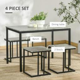 Rackhams Dining Table and Chairs Set for 4 People, Concrete Effect Kitchen Table and Bench Set with Steel Frame, 4 Piece Dining Room Sets, Grey - thumbnail 4