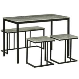 Rackhams Dining Table and Chairs Set for 4 People, Concrete Effect Kitchen Table and Bench Set with Steel Frame, 4 Piece Dining Room Sets, Grey - thumbnail 1