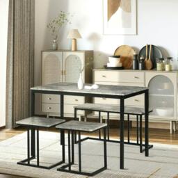 Rackhams Dining Table and Chairs Set for 4 People, Concrete Effect Kitchen Table and Bench Set with Steel Frame, 4 Piece Dining Room Sets, Grey - thumbnail 2