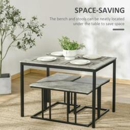 Rackhams Dining Table and Chairs Set for 4 People, Concrete Effect Kitchen Table and Bench Set with Steel Frame, 4 Piece Dining Room Sets, Grey - thumbnail 5