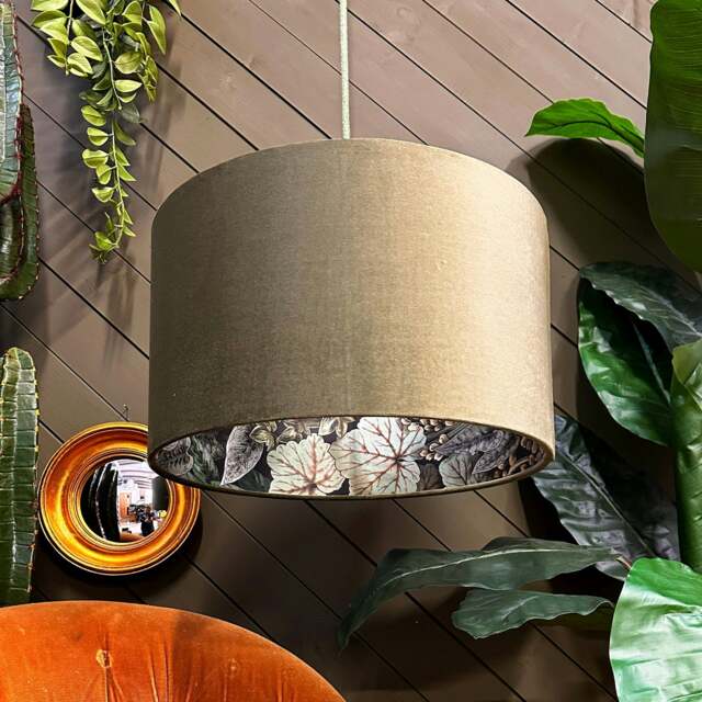 "Rackhams Forest Walled Garden Silhouette Lampshade in Olive Velvet - Ceiling Pendant / Arc Lamp - 40cm diameter x 25cm Height (16"" x 10"")" - image 1