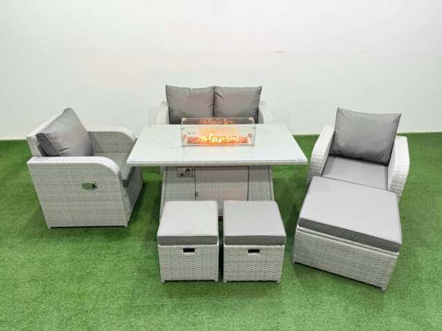 Rackhams Light Grey PE Wicker Rattan Garden Furniture Set Sofa Set Reclining Chair Fire Pit Dining Table 7 Seater 3 Stools - image 1