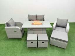 Rackhams Light Grey PE Wicker Rattan Garden Furniture Set Sofa Set Reclining Chair Fire Pit Dining Table 7 Seater 3 Stools - thumbnail 1