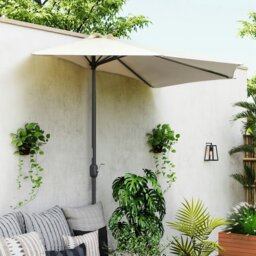 Rackhams 2.3m Half Parasol Semi Round Umbrella Patio Metal Frame Crank Handle for Balcony- NO BASE INCLUDED, Brown - Cream - 293cm x 150cm x 249cm - thumbnail 1