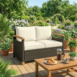 Rackhams 2 Seater Rattan Garden Sofa with Acacia Wood Armrests - Cream White - Rattan Garden Sofa - 1