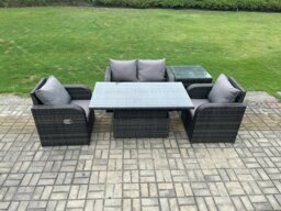 Rackhams Outdoor Rattan Garden Furniture Set Height Adjustable Rising lifting Dining Table Love Sofa With Side Table Chair - thumbnail 2