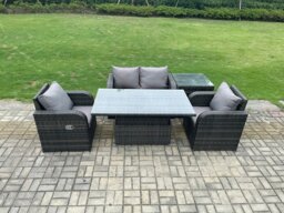 Rackhams Outdoor Rattan Garden Furniture Set Height Adjustable Rising lifting Dining Table Love Sofa With Side Table Chair