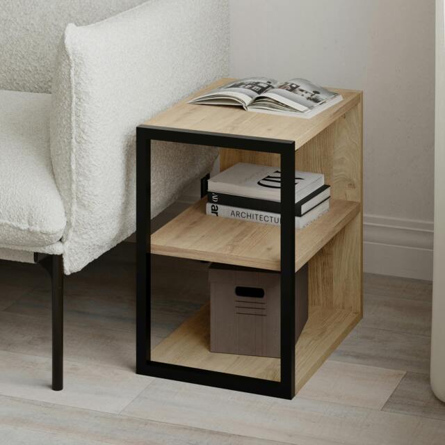 Rackhams Modern Echo 3-Tier Sofa End Table, Single Small Side Table, Bedside Table with Metal Frame 30(W)x42(D)cm - Oak - image 1