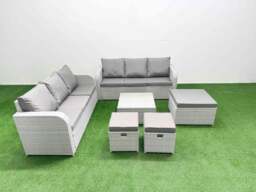 Rackhams Outdoor Garden Furniture Sets 9 Seater Wicker Rattan Furniture Sofa Sets with Square Coffee Table high Back Lounge Sofa 3 Stools Light Grey - thumbnail 1