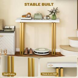 Rackhams Modern Slim Long Accent Sofa Side Hall Desk for Hallway, White - Console Table - White marble effect, gold tone frame - 1 - thumbnail 6