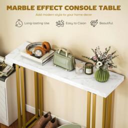 Rackhams Modern Slim Long Accent Sofa Side Hall Desk for Hallway, White - Console Table - White marble effect, gold tone frame - 1 - thumbnail 5