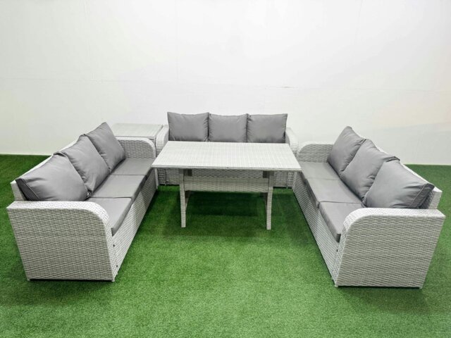 Rackhams PE Rattan Lounge Sofa Set 9 Seater Outdoor Garden Furniture Set with Rectangular Dining Table 3 Seater Sofa Side Table Light Grey - image 1
